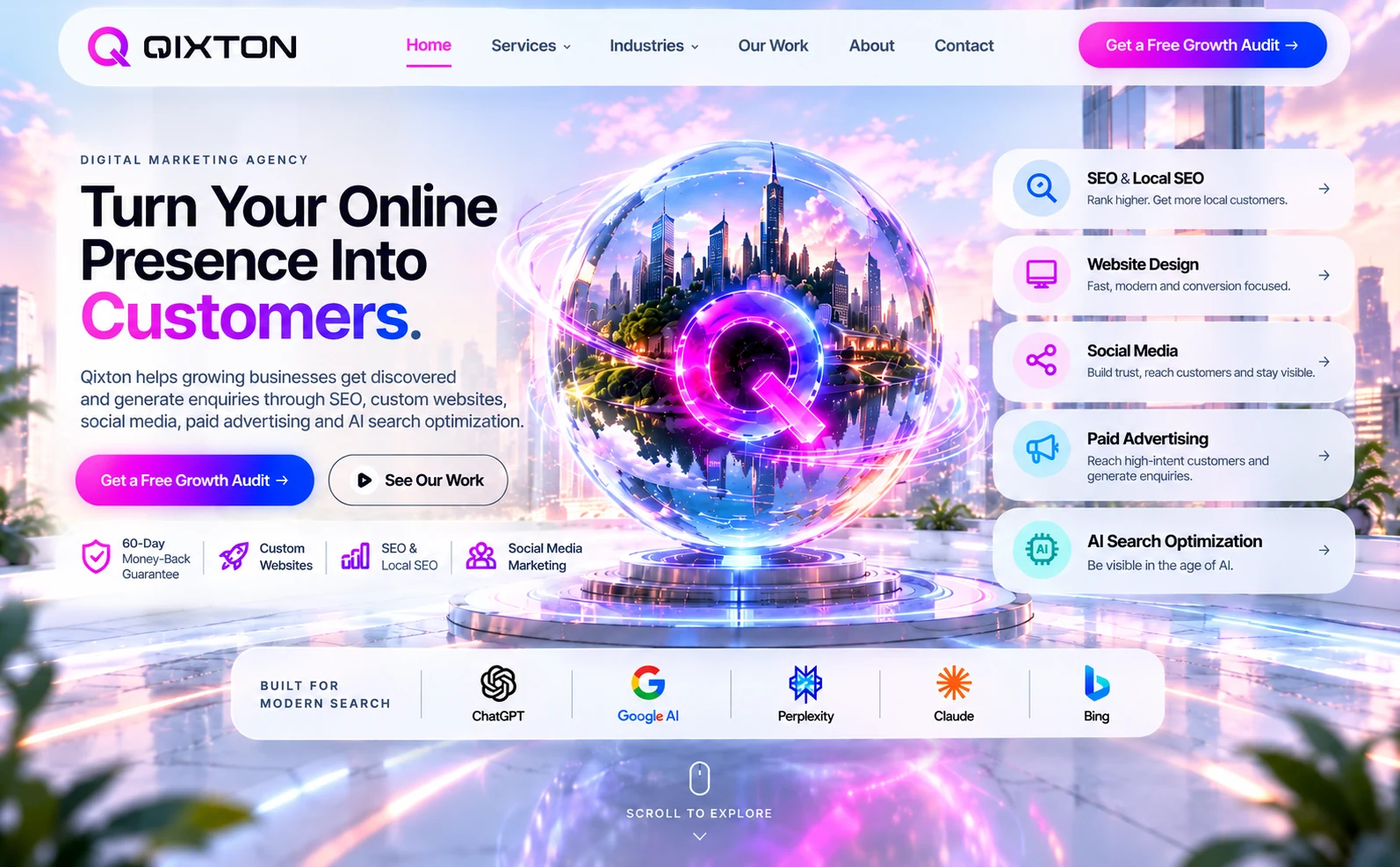 Qixton digital marketing agency hero with SEO, website design, social media, paid advertising and AI search services